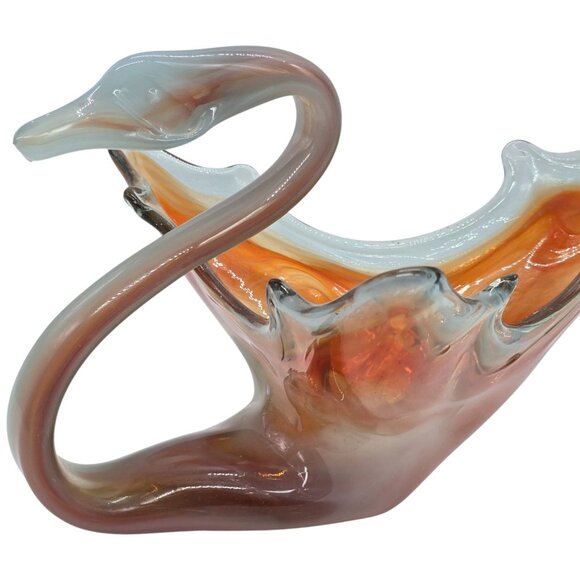 Murano Style Art Glass Swan Dish Amber White Hand Blown Sculptural Centerpiece - Picture 6 of 12
